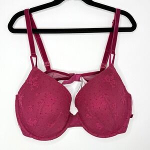 Victoria's Secret Push-Up Lace Underwire Bra 38C Dark Pink Floral Mesh Sexy Demi
